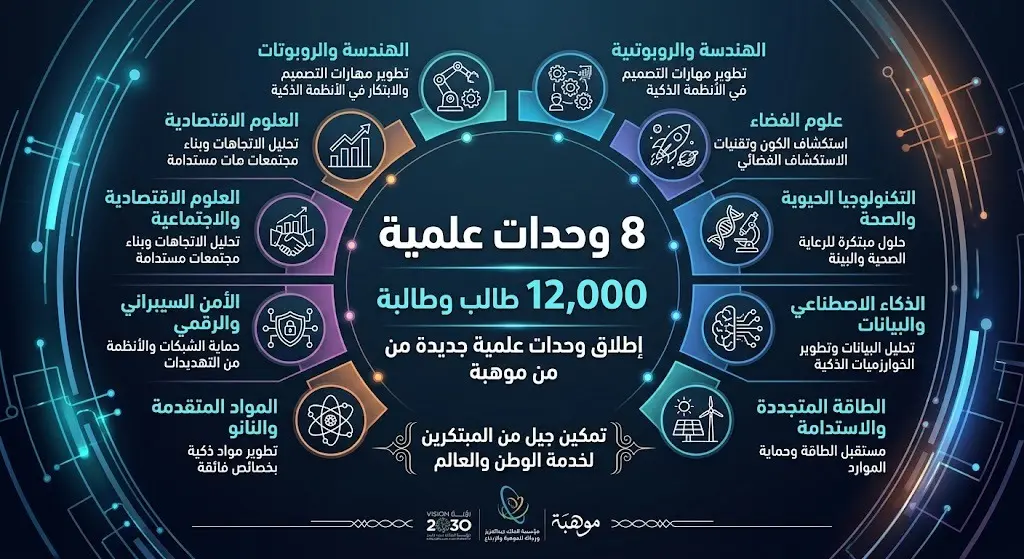 إنفوجرافيك يوضح إطلاق 8 وحدات علمية ضمن برامج موهبة الصيفية باستهداف 12 ألف طالب وطالبة.