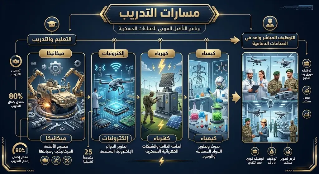 إنفوجرافيك احترافي يستعرض التخصصات التقنية الأربعة وشروط القبول لبرنامج التدريب المبتدئ بالتوظيف في الأكاديمية الوطنية للصناعات العسكرية.