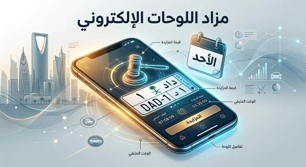 تصميم تعبيري يظهر هاتفاً ذكياً يعرض لوحة سيارة سعودية ومطرقة مزاد رقمية ترمز لانطلاق مزاد اللوحات الإلكتروني.