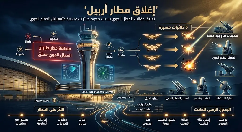 تصميم بياني يوضح تفاصيل إغلاق المجال الجوي في أربيل واعتراض 5 طائرات مسيرة