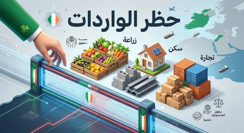 تصميم إنفوجرافيك يوضح تفاصيل حظر إيرلندا لواردات المستوطنات الإسرائيلية في قطاعات الزراعة والسكن والتجارة.