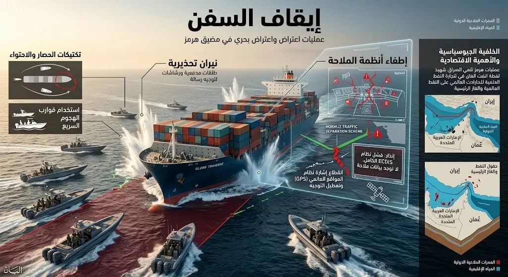 تصميم إنفوجرافيك يوضح مشهداً لسفينة شحن في مضيق هرمز تتعرض للإيقاف من قبل زوارق بحرية مع إطلاق نيران تحذيرية، مصحوباً بنصوص عربية توضيحية تشير لإطفاء أنظمة الملاحة.