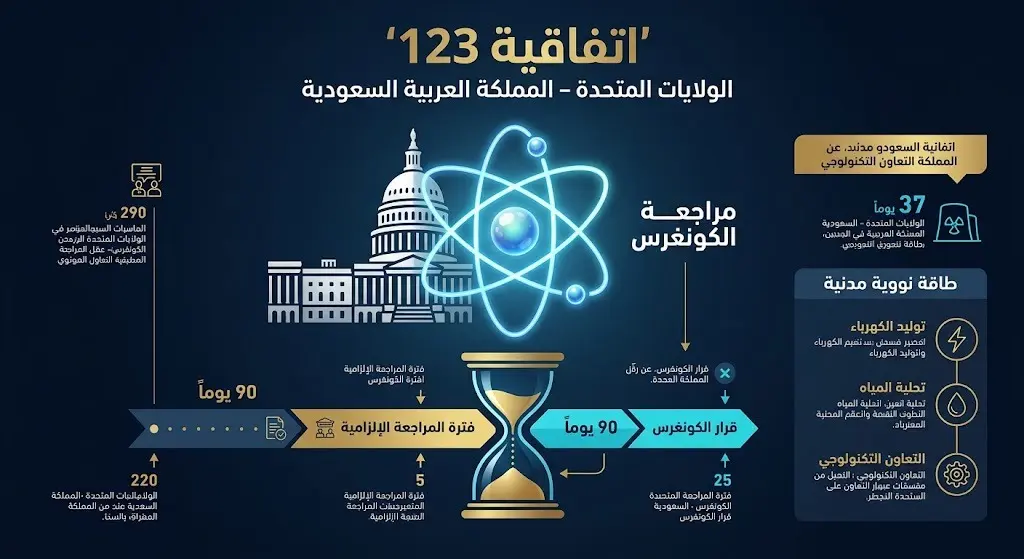 إنفوجرافيك احترافي يوضح تفاصيل اتفاقية 123 للتعاون النووي المدني بين السعودية والولايات المتحدة، وفترة المراجعة التشريعية في الكونغرس المحددة بـ 90 يوماً.