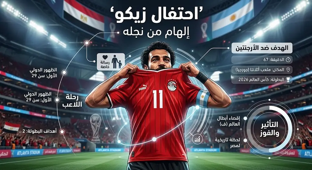 تصميم إنفوجرافيك يوضح تفاصيل احتفال اللاعب مصطفى زيكو بوضع القميص على وجهه عقب تسجيله هدفاً في شباك الأرجنتين بكأس العالم.