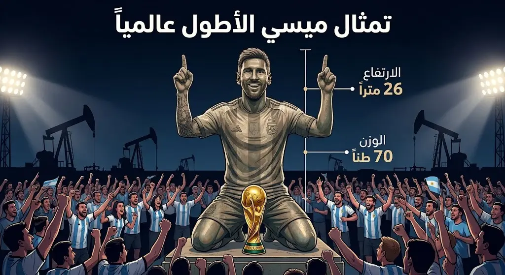 مشهد درامي يجمع بين احتفالات الجماهير الأرجنتينية وتمثال ليونيل ميسي العملاق في بلدة كوترال كو مع بيانات توضيحية لارتفاع ووزن التمثال.