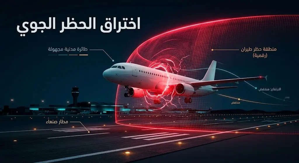 صورة تعبيرية وتصميم بياني يظهر طائرة ركاب مدنية تخترق حاجزاً رقمياً أحمر يمثل الحظر الجوي فوق مدرج مطار صنعاء.