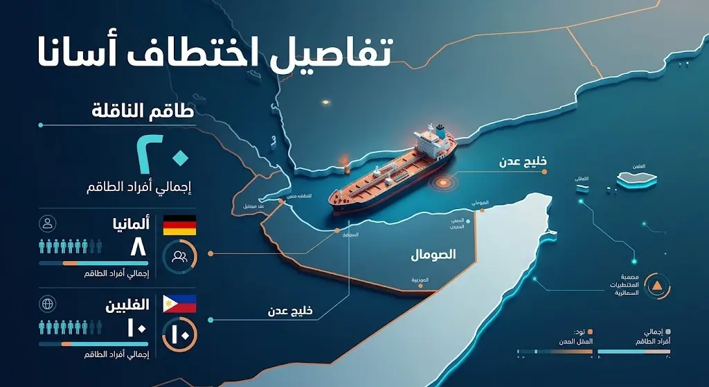 إنفوجرافيك يوضح موقع اختطاف الناقلة أسانا قبالة السواحل الصومالية وتفاصيل أفراد الطاقم المختطفين