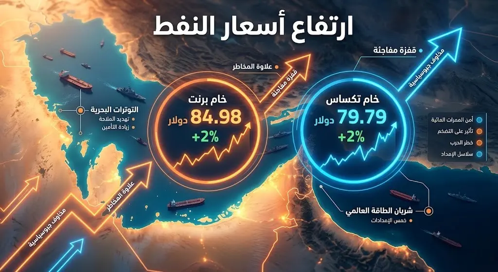 إنفوجرافيك احترافي يوضح صعود أسعار النفط لخامي برنت وغرب تكساس بنسبة 2% على خلفية خريطة بحرية لمضيق هرمز