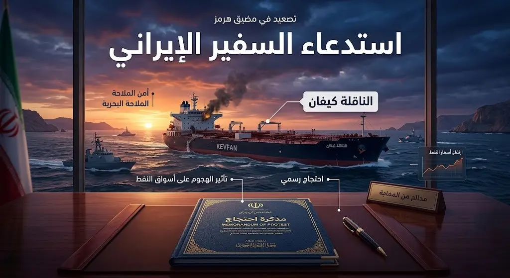 صورة تعبيرية تدمج بين تسليم مذكرة احتجاج دبلوماسية ومشهد لتعرض الناقلة كيفان للاستهداف في مياه مضيق هرمز وقت الغسق.