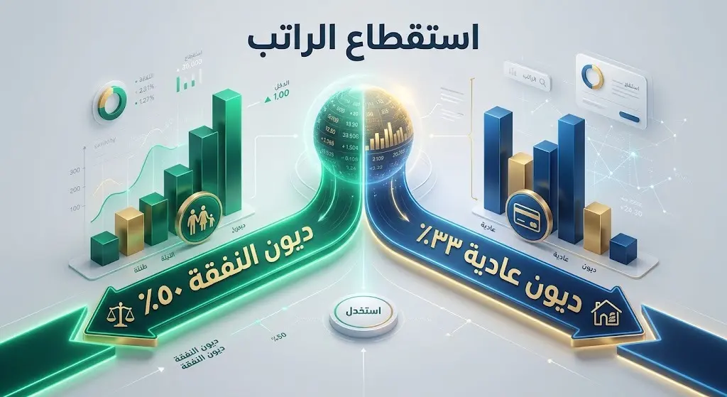 إنفوجرافيك ثلاثي الأبعاد يوضح مسارات استقطاع الراتب، مقسماً بين ديون النفقة بنسبة 50% والديون العادية بنسبة الثلث.