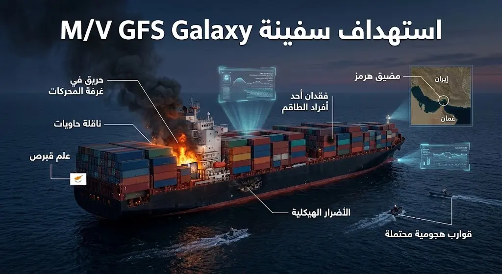 تصميم إنفوجرافيك يوضح تعرض سفينة الحاويات M/V GFS Galaxy لحريق في غرفة المحركات أثناء عبورها مضيق هرمز.