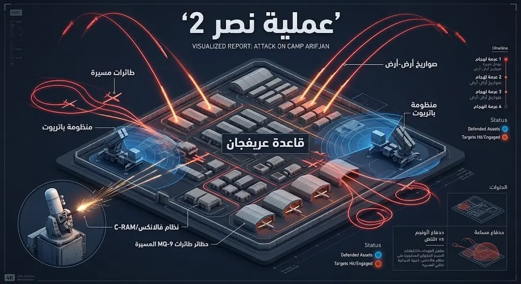 إنفوجرافيك تفصيلي يوضح الأهداف العسكرية التي تم قصفها في قاعدة عريفجان بالكويت خلال عملية نصر 2 الإيرانية، بما في ذلك الرادارات والطائرات المسيرة.