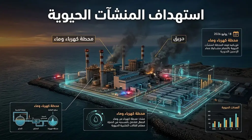 صورة إنفوجرافيك تعبيرية توضح تفاصيل استهداف محطة الكهرباء والماء في الكويت مع تصاعد الدخان وإضاءة الطوارئ.
