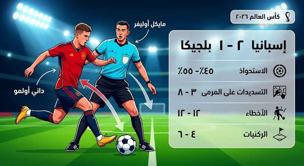 إنفوجرافيك يوضح تفاصيل فوز إسبانيا على بلجيكا واصطدام الحكم مايكل أوليفر باللاعب داني أولمو في كأس العالم 2026