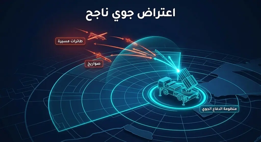 إنفوجرافيك يوضح تصدي منظومات الدفاع الجوي للطائرات المسيرة والصواريخ المعادية بنجاح.