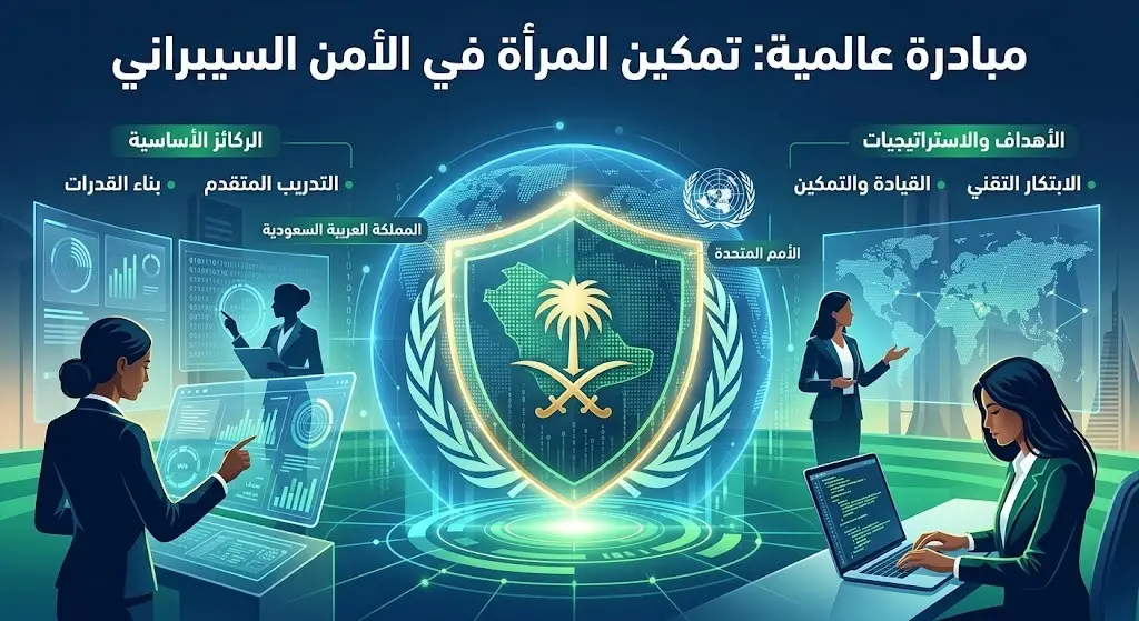 تصميم إبداعي يدمج بين الرموز التقنية للأمن السيبراني والبعد الدولي لتمثيل قرار تمكين المرأة الذي قادته السعودية.
