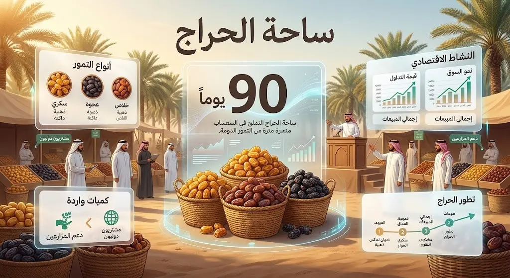 تصميم يدمج بين الإنفوجرافيك والمشهد الحي لساحة حراج التمور والأجنحة الزراعية بحوطة بني تميم، مبرزاً استمرار الفعالية لـ 90 يوماً.