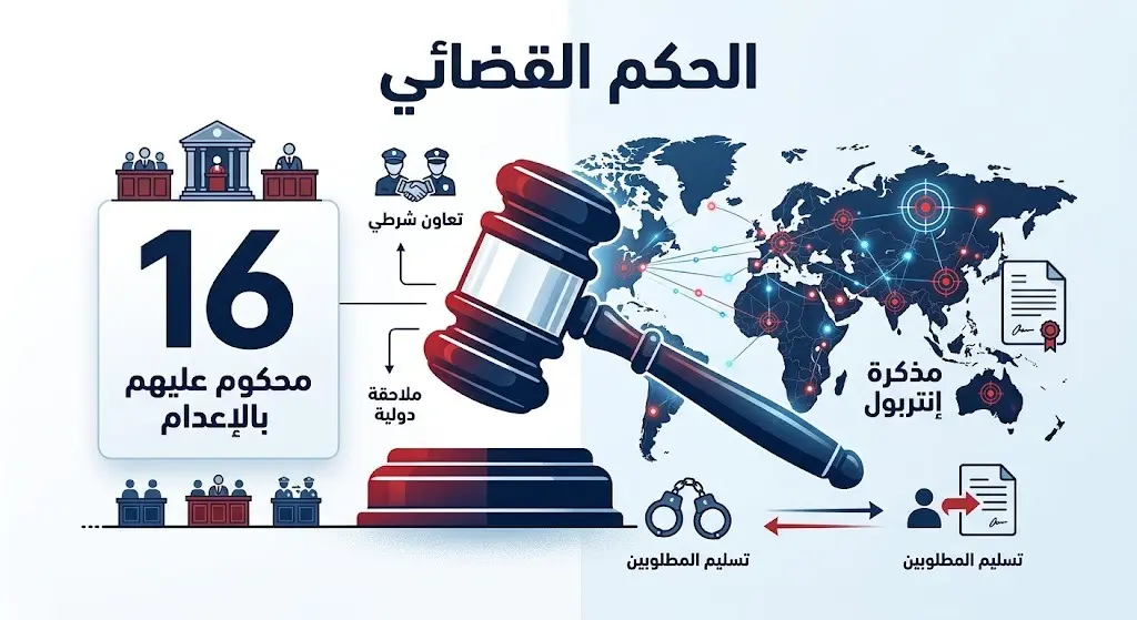 إنفوجرافيك يوضح تفاصيل الحكم القضائي الغيابي بالإعدام ضد 16 من قادة الدعم السريع وتوجيه طلب ملاحقة للإنتربول