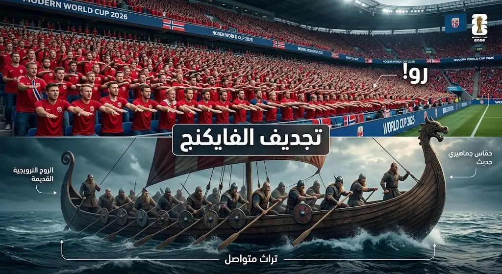 تصميم إبداعي يدمج بين الجماهير النرويجية في مدرجات كأس العالم وهم يؤدون حركة التجديف الجماعية، ومشهد لمحاربي الفايكنج في سفنهم الطويلة، تتوسطه عبارة تجديف الفايكنج.