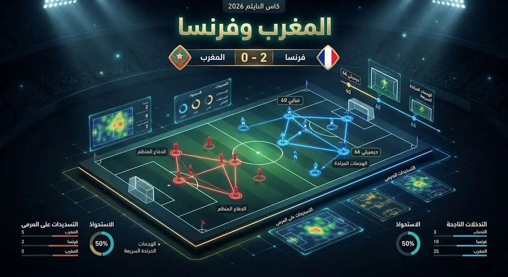 إنفوجرافيك رياضي يوضح تفاصيل أداء ومجريات مباراة المغرب وفرنسا وتوقيتات الأهداف في ربع نهائي كأس العالم 2026.