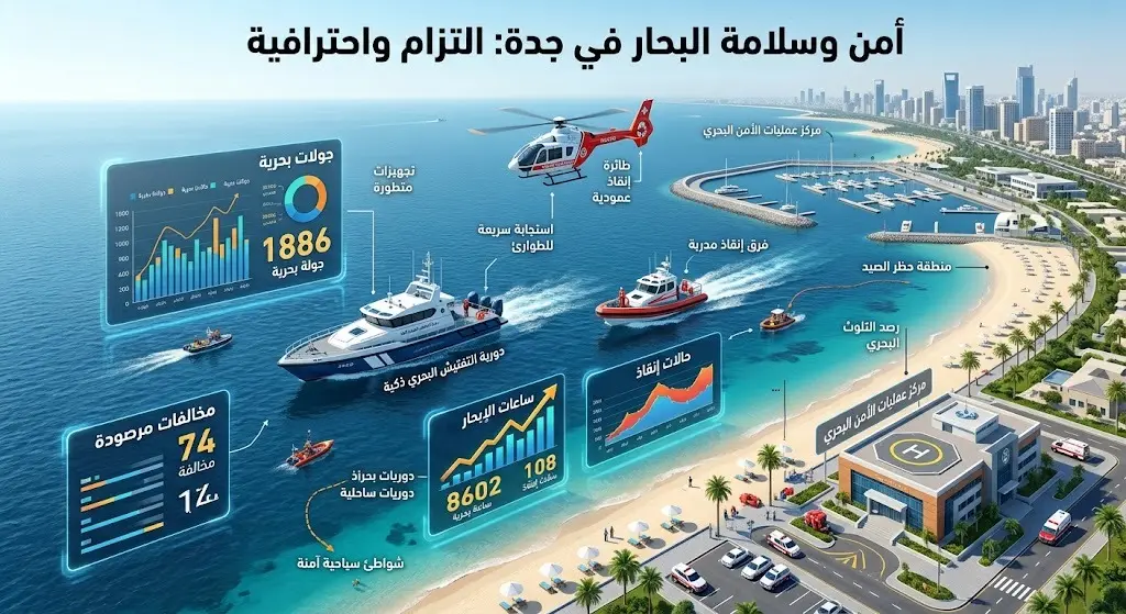 إنفوجرافيك عصري يوضح تفاصيل الأداء الميداني وإحصائيات الرقابة البحرية لأمانة جدة، متضمناً الجولات وحالات الإنقاذ.