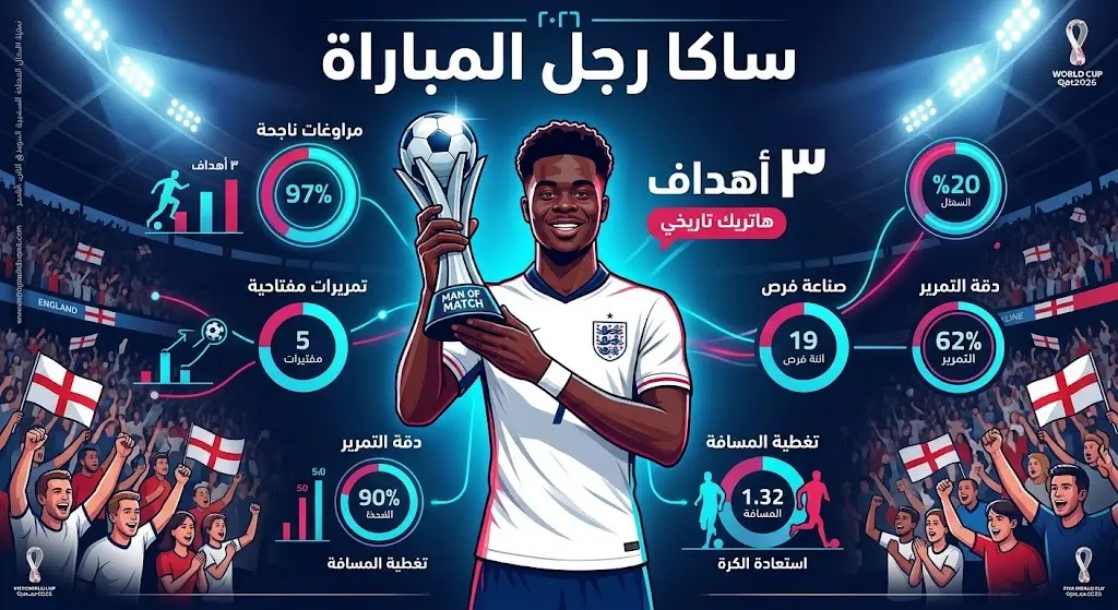 إنفوجرافيك يستعرض أرقام وتفاصيل أداء بوكايو ساكا وتسجيله ثلاثة أهداف في مرمى فرنسا بكأس العالم 2026