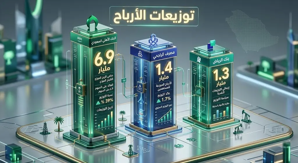 إنفوجرافيك مالي يوضح تفاصيل الأرباح النقدية ومواعيد التوزيع لكل من البنك الأهلي السعودي، البنك السعودي الفرنسي، والبنك العربي الوطني.
