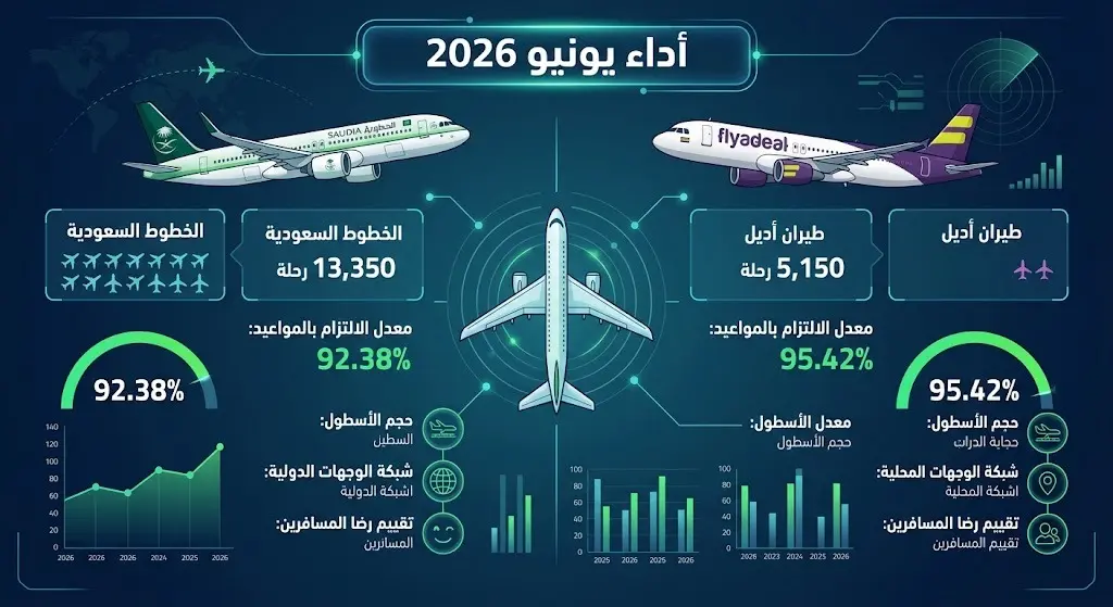 إنفوجرافيك بياني يعقد مقارنة تفصيلية لعدد الرحلات ومعدلات الوصول والمغادرة في الوقت المحدد للخطوط السعودية وطيران أديل خلال يونيو 2026
