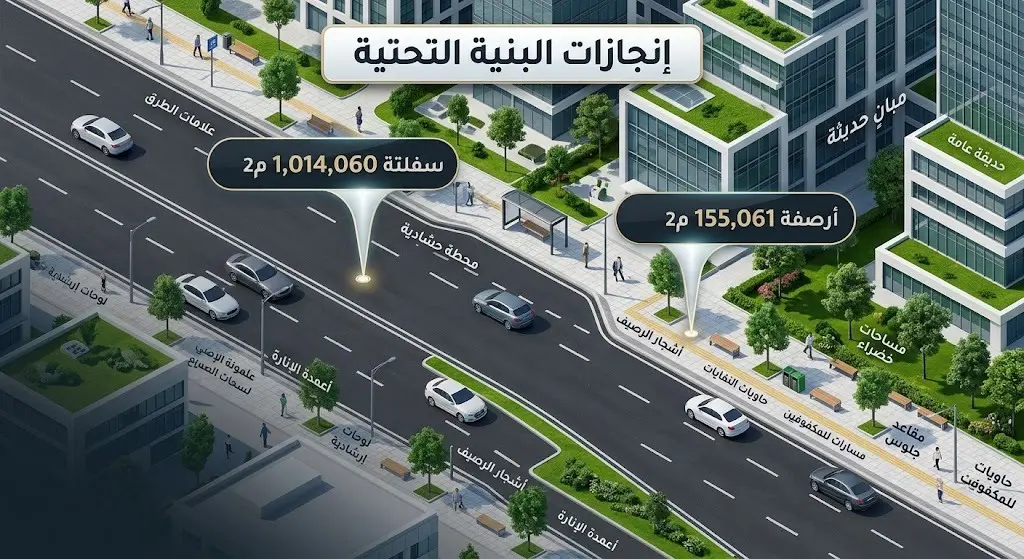إنفوجرافيك ثلاثي الأبعاد يوضح مساحات السفلتة وأرصفة المشاة المنجزة في منطقة حائل بأرقام دقيقة.