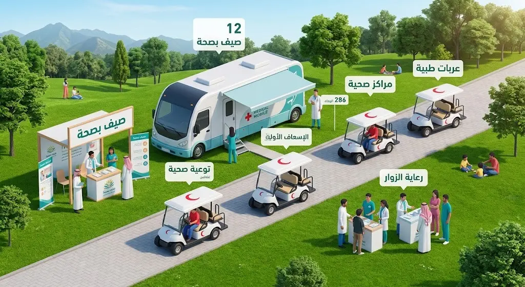 تصميم إنفوجرافيك يوضح إحصاءات وخدمات مبادرة صيف بصحة في عسير، يشمل العربات الطبية والأركان التوعوية وتوزيع المراكز الصحية.