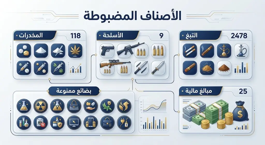 إنفوجرافيك يوضح بالأرقام وتفاصيل الفئات الأصناف التي ضبطتها المنافذ الجمركية.