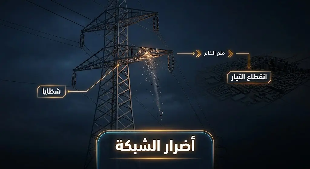 رسم توضيحي لبرج نقل طاقة كهربائية متضرر ليلاً مع بيانات إنفوجرافيك تشرح أسباب انقطاع التيار وتفاصيل الأضرار.
