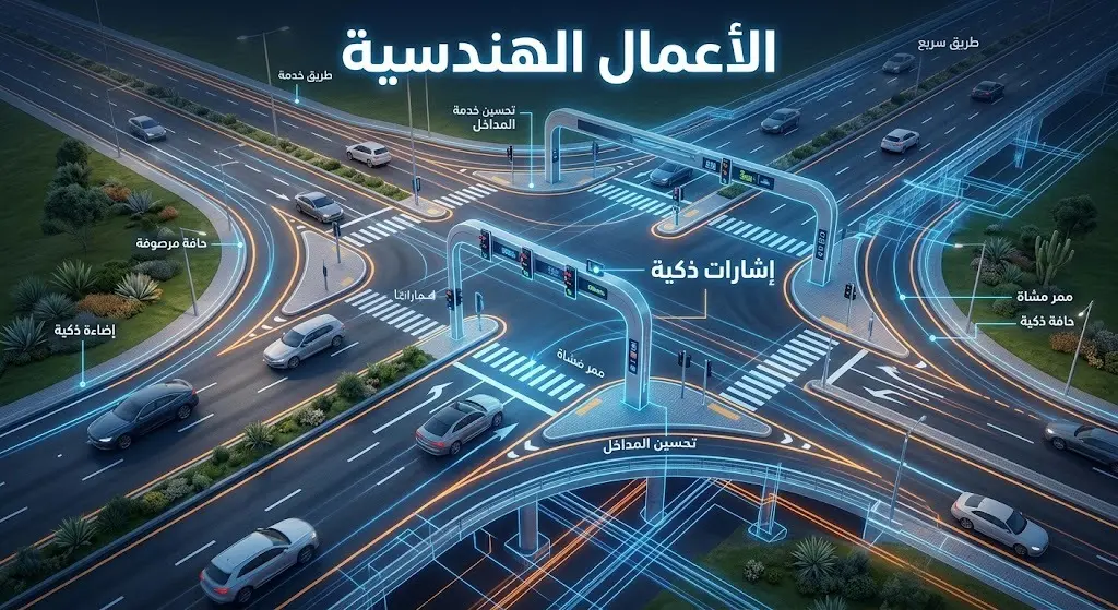 تصميم هندسي ثلاثي الأبعاد يبرز تفاصيل الأعمال الجارية من تركيب إشارات مرورية وتطوير مداخل ومخارج الطرق.