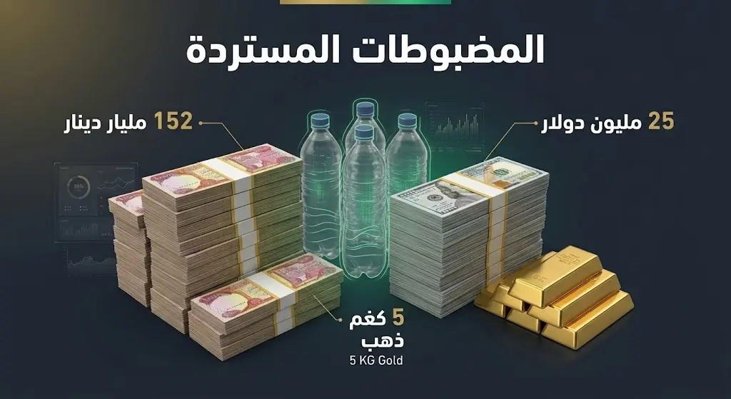 إنفوجرافيك يستعرض تفاصيل المبالغ النقدية بالدينار والدولار والذهب المضبوط في قضية مصافي النفط العراقية
