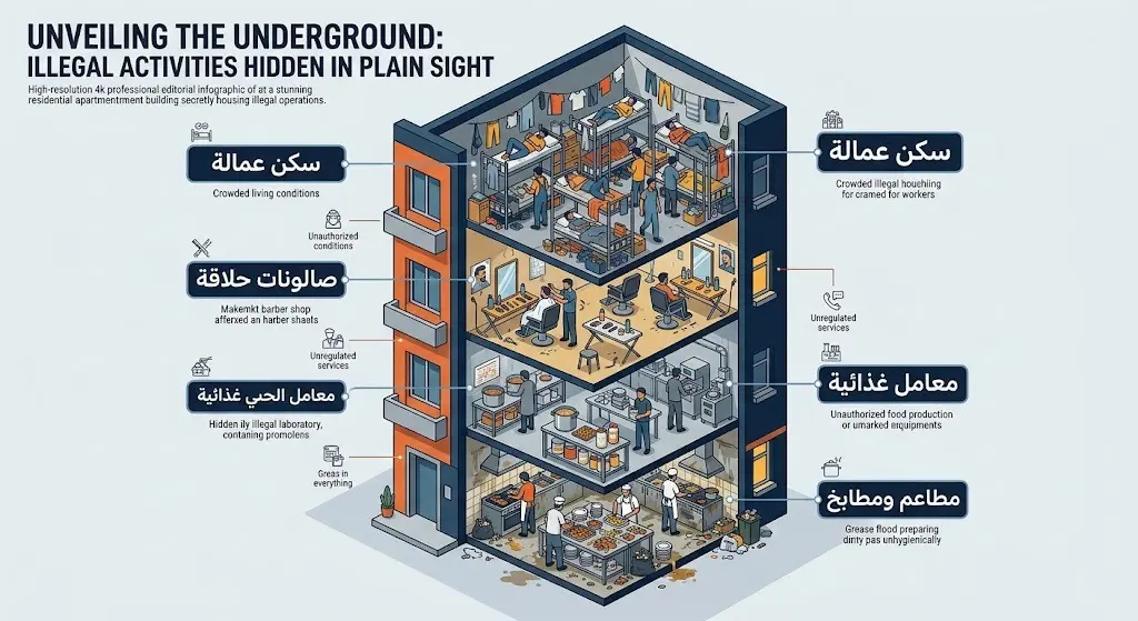 إنفوجرافيك ثلاثي الأبعاد يوضح استغلال الشقق السكنية في أنشطة مخالفة تشمل مطاعم، معامل غذائية، وصالونات حلاقة.