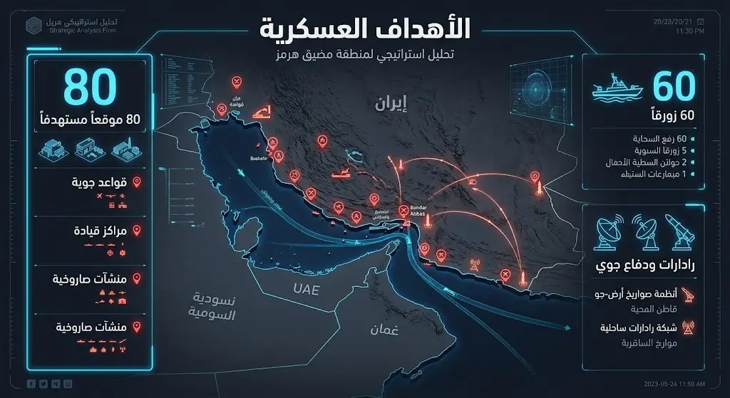 إنفوجرافيك يوضح تفاصيل الأهداف العسكرية للضربات الأمريكية في إيران، مبرزاً أعداد المواقع والزوارق المستهدفة.