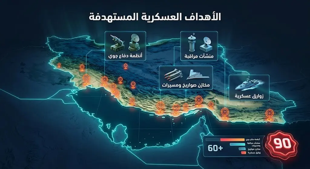 إنفوجرافيك يوضح خريطة وتفاصيل الأهداف العسكرية الإيرانية التي استهدفتها القوات الأميركية، وتشمل أنظمة دفاع جوي، ومخازن صواريخ، وزوارق حربية.