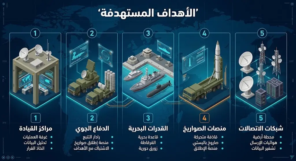 إنفوجرافيك عسكري حديث يوضح بالتفصيل الفئات الخمس للأهداف العسكرية التي استهدفتها القيادة المركزية الأمريكية.