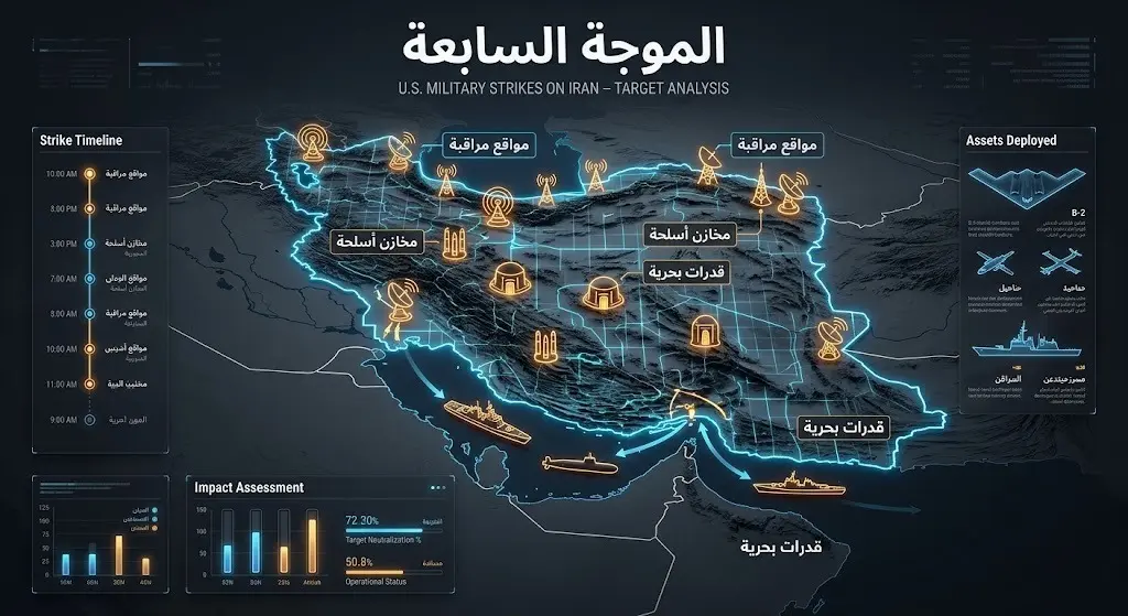 إنفوجرافيك عسكري متطور يوضح أهداف الموجة السابعة من الضربات الأمريكية في إيران، والتي تشمل مواقع مراقبة، مخازن أسلحة تحت الأرض، وقدرات بحرية.