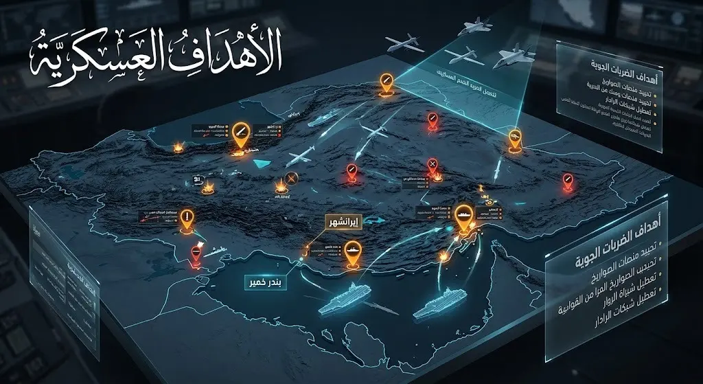 خريطة إنفوجرافيك ثلاثية الأبعاد توضح مواقع الأهداف العسكرية والبنية التحتية التي استهدفها الجيش الأمريكي في جنوب إيران.
