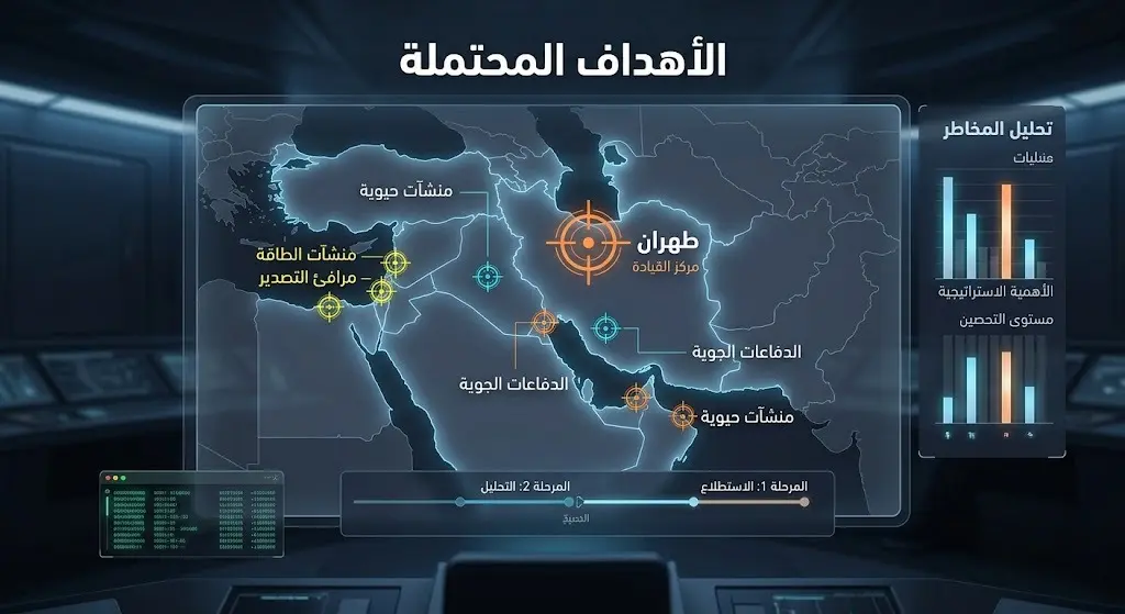 تصميم بصري لبيانات وأهداف استراتيجية محتملة داخل إيران تشمل منشآت الطاقة الحيوية على خريطة تفاعلية