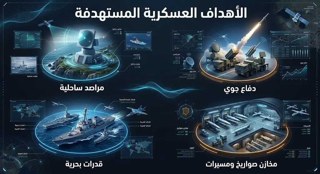 إنفوجرافيك يوضح الأهداف العسكرية الأربعة التي استهدفتها القوات الأمريكية في الجولة الثامنة، وتشمل المراقبة الساحلية والدفاع الجوي والقدرات البحرية ومخازن الصواريخ.