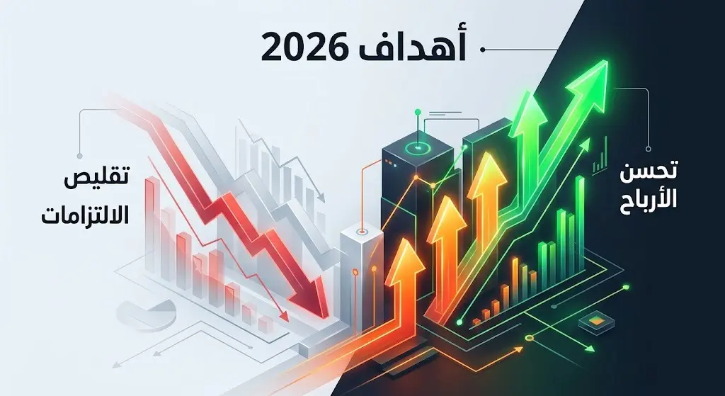تصميم إبداعي يوضح أهداف شركة المتقدمة للبتروكيماويات لعام 2026 المتمثلة في تقليص الالتزامات وتحسن هوامش الربح.