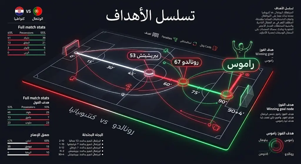 إنفوجرافيك زمني يوضح تسلسل الأهداف في مباراة البرتغال وكرواتيا وتوقيت تسجيلها