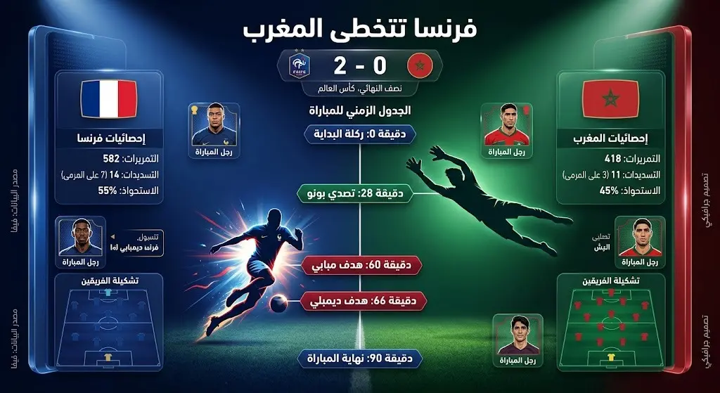 إنفوجرافيك رياضي يستعرض تسلسل أهداف وأحداث مباراة المغرب وفرنسا في ربع نهائي كأس العالم، موضحاً أهداف مبابي وديمبلي وتصدي بونو لركلة الجزاء.