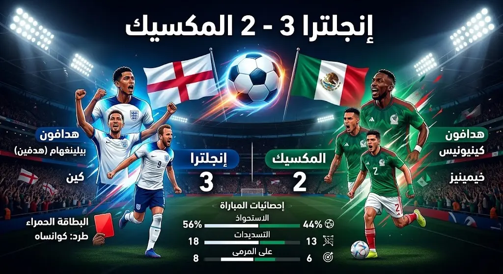 إنفوجرافيك رياضي يوضح نتيجة مباراة إنجلترا والمكسيك 3-2، مع أسماء مسجلي الأهداف وحالة الطرد للاعب الإنجليزي كوانساه.