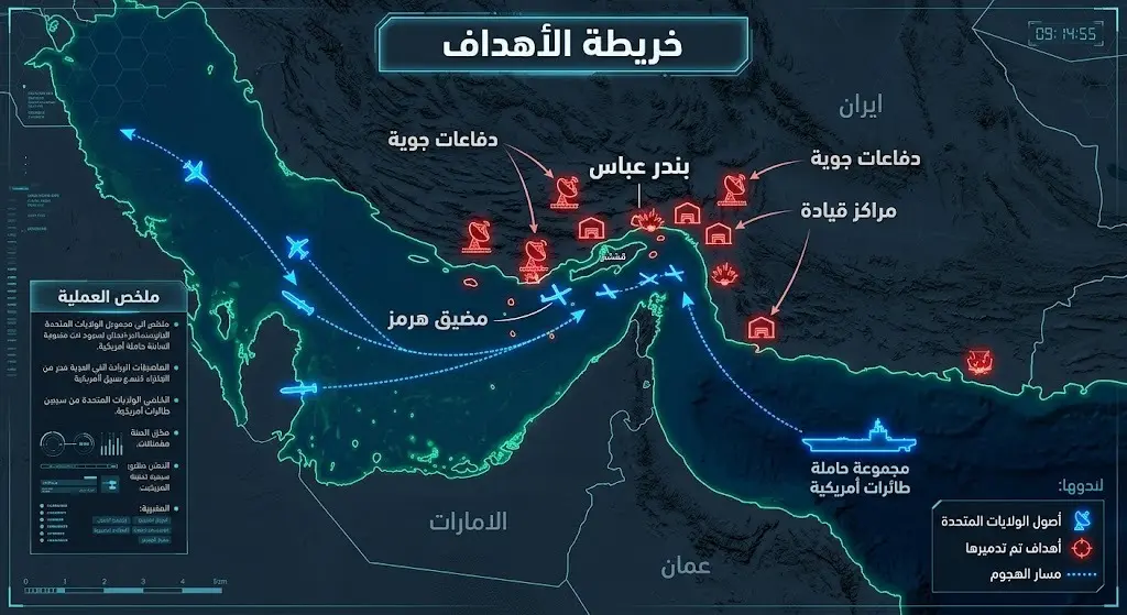 خريطة إنفوجرافيك توضح مواقع الأهداف العسكرية الإيرانية التي قصفتها القوات الأمريكية، بما في ذلك بندر عباس ومضيق هرمز.