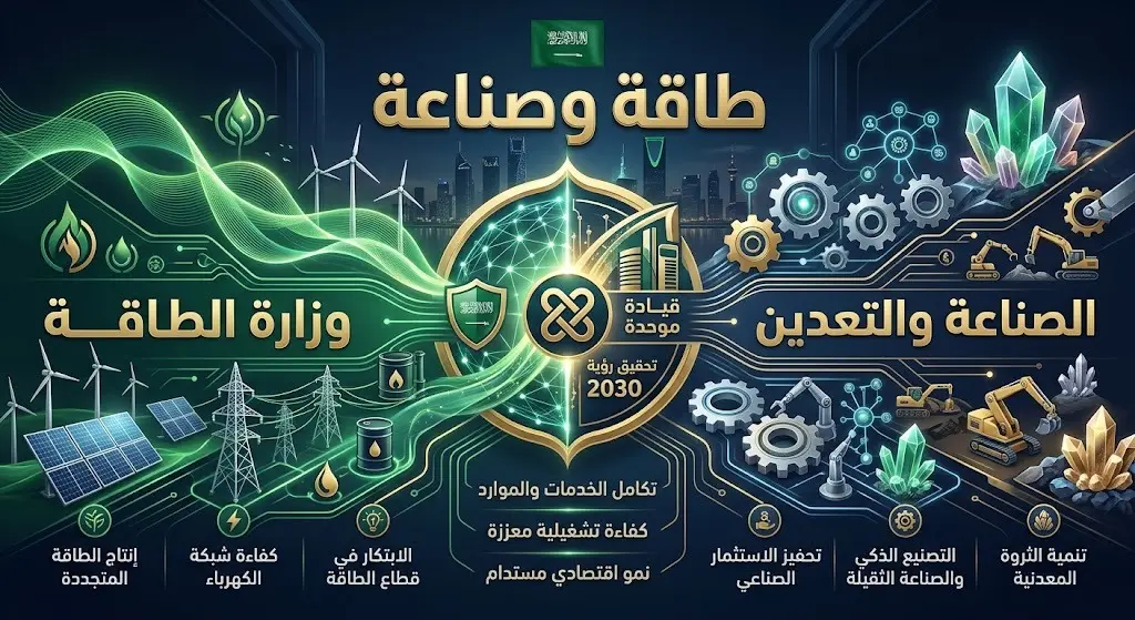 إنفوجرافيك تعبيري يجسد توحيد حقيبتي الطاقة والصناعة والثروة المعدنية تحت قيادة واحدة، مع رموز بصرية حديثة تعبر عن القطاعين باللونين الأخضر والذهبي.
