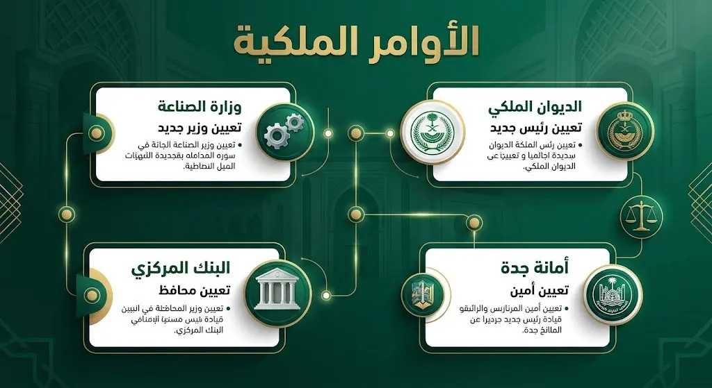 إنفوجرافيك احترافي يستعرض تفاصيل الأوامر الملكية وتعيينات المناصب القيادية الجديدة في مختلف الوزارات والقطاعات الحكومية في السعودية.