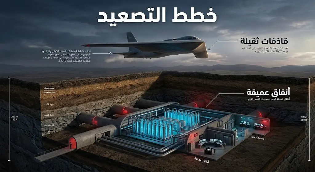 رسم توضيحي يظهر قاذفات قنابل ثقيلة أمريكية تحلق فوق أنفاق عميقة لمنشأة نووية